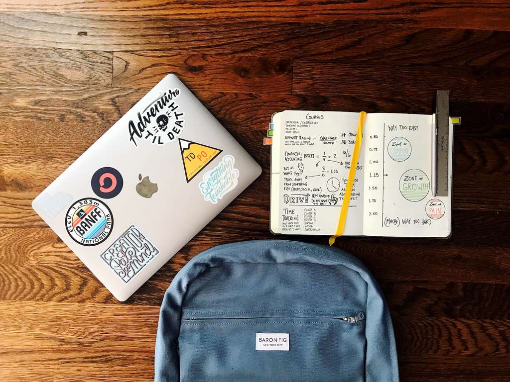Laptop, backpack, notebook
